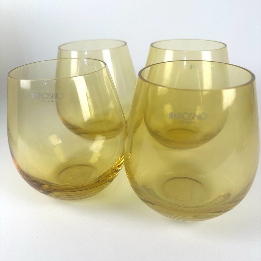 Krosno Pottery Barn Amber Stemless Wine Glasses Tumblers  Set Of 4 NIB